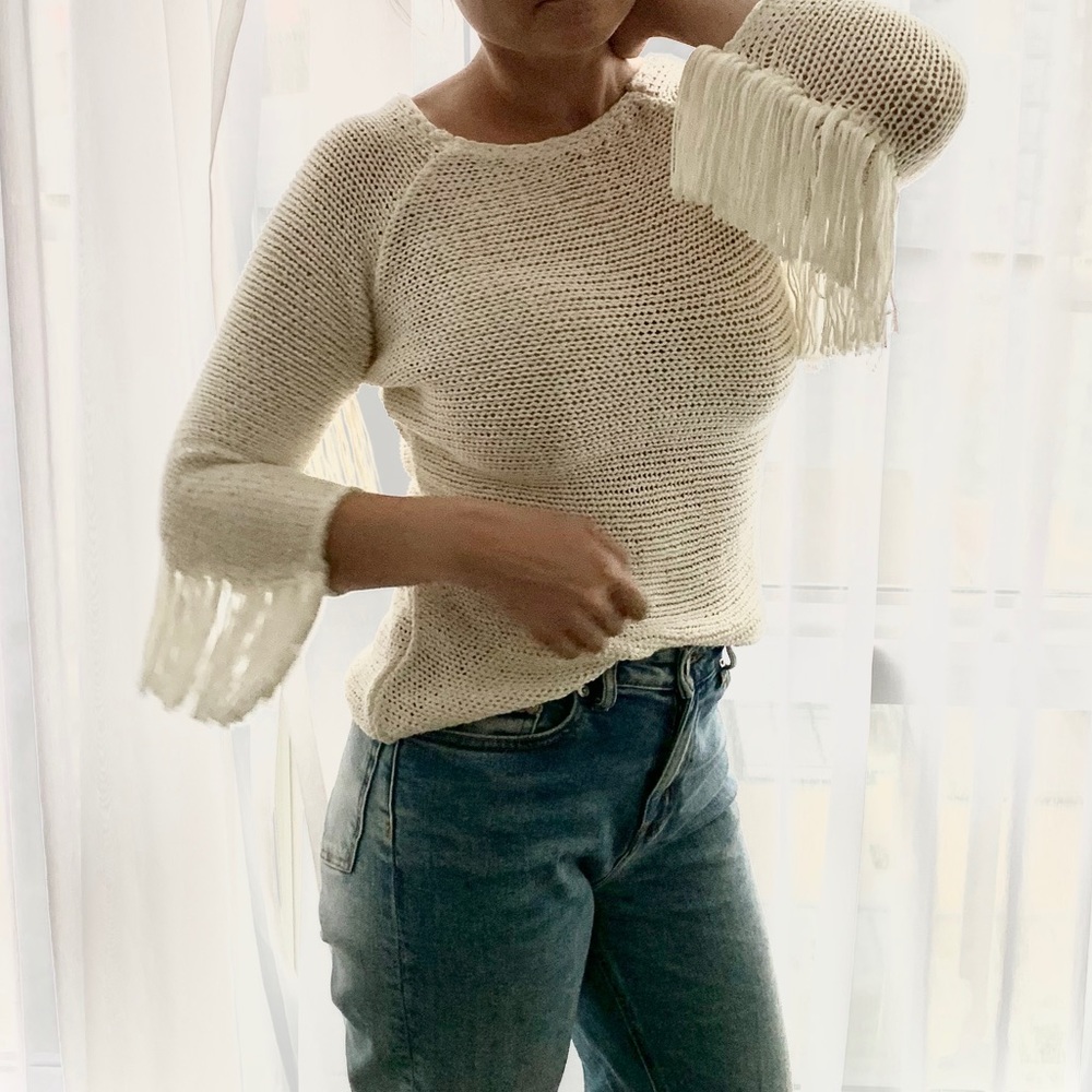 Zara | Knit Fringe Stretchy Sweater 3/4 Sleeves